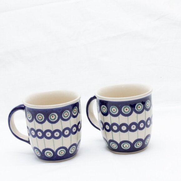 Boleslawiec Polish Pottery Coffee Mugs Matching Set Of 2 Peacock Pattern 12 oz - Picture 2 of 4